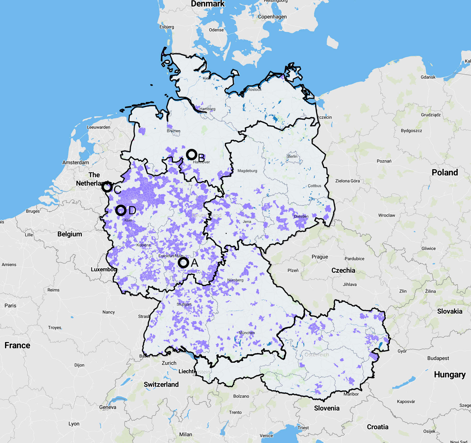 Nitrate distribution in Germany and Austria: <25mg/l